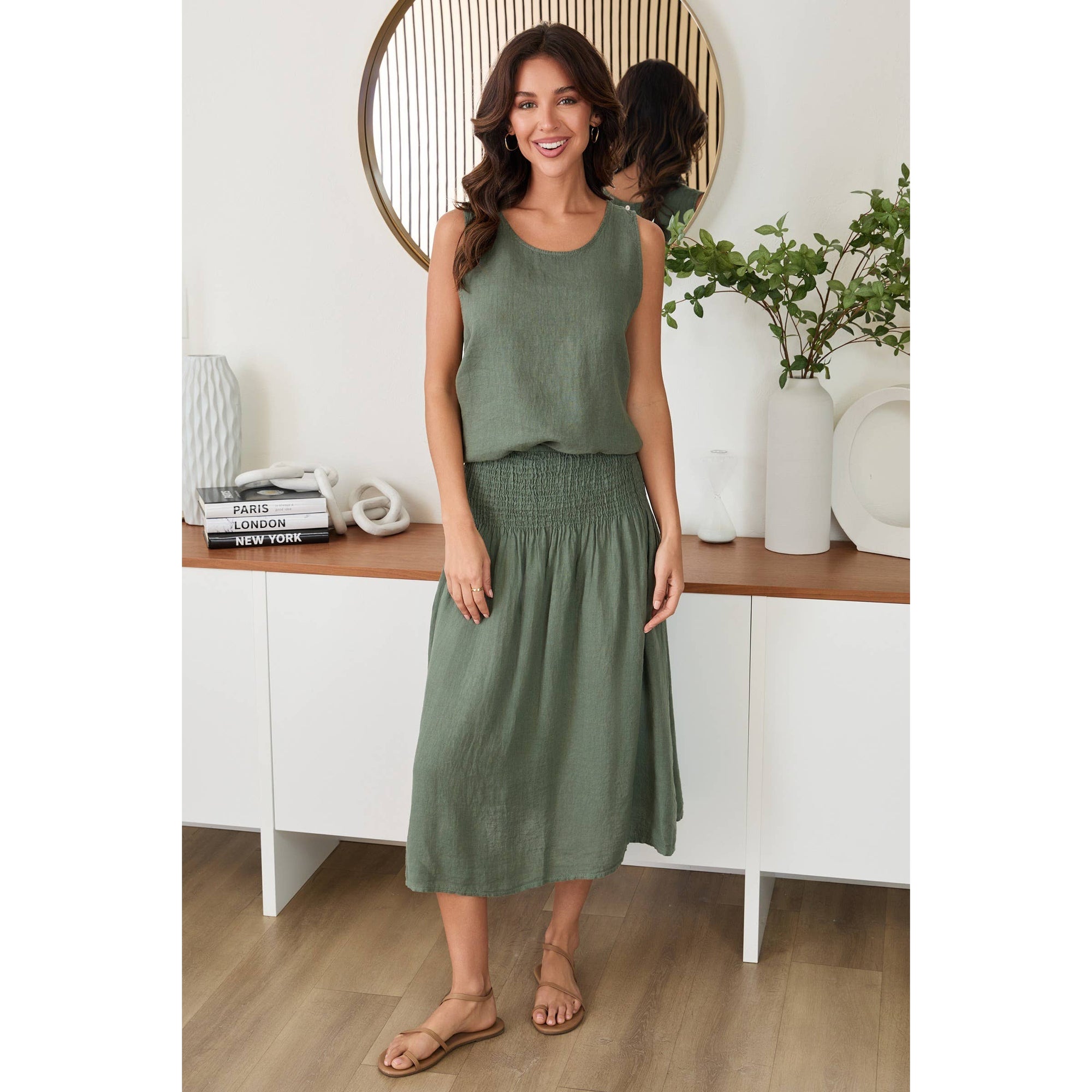 Clara A-Line Linen Skirt - Olive Green