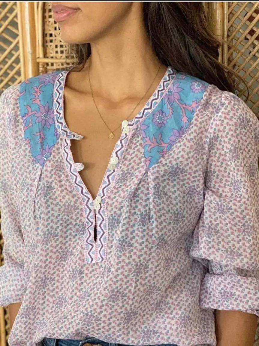 Cora Long Sleeve Blouse - Purple/Blue