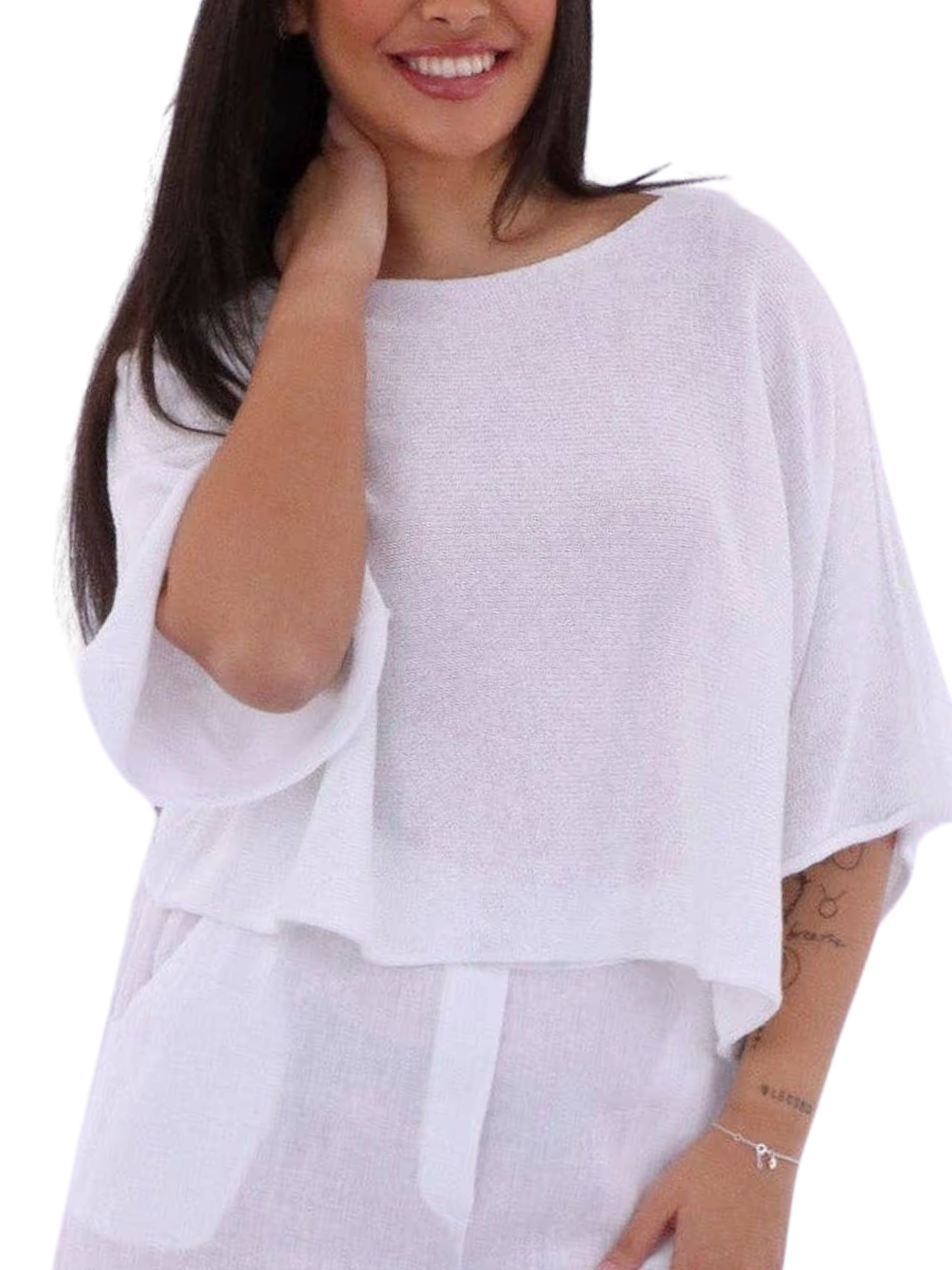 Cotton Blend Dolman Sleeve Top - White