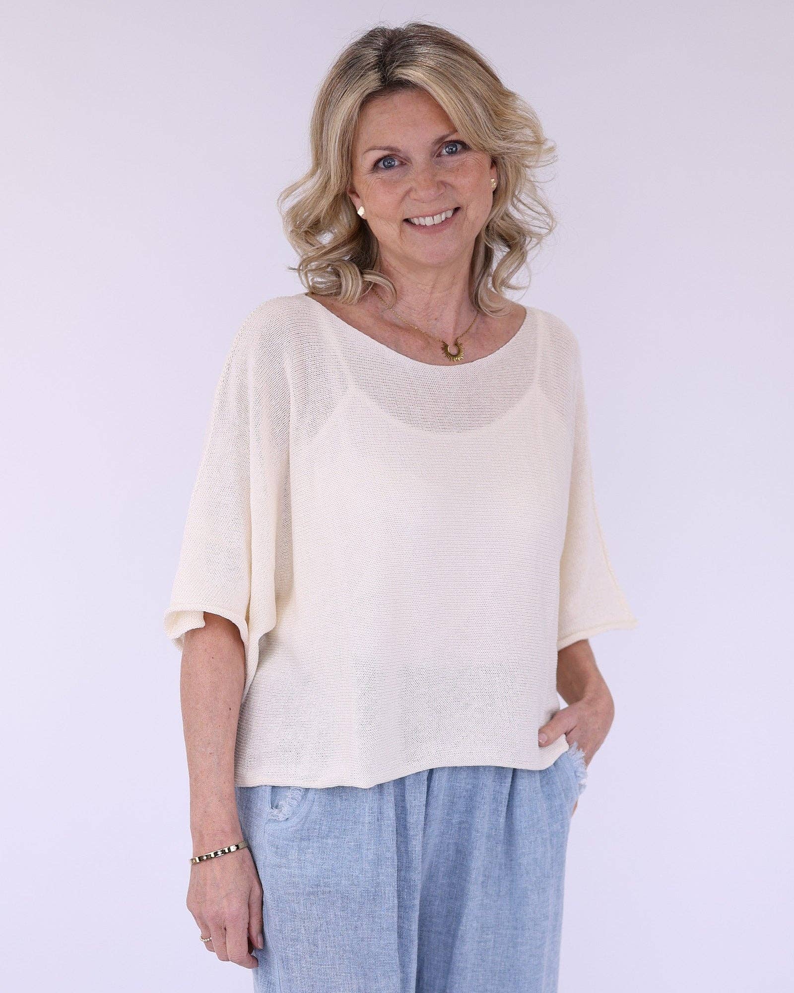Cotton Blend Dolman Sleeve Top - Cream