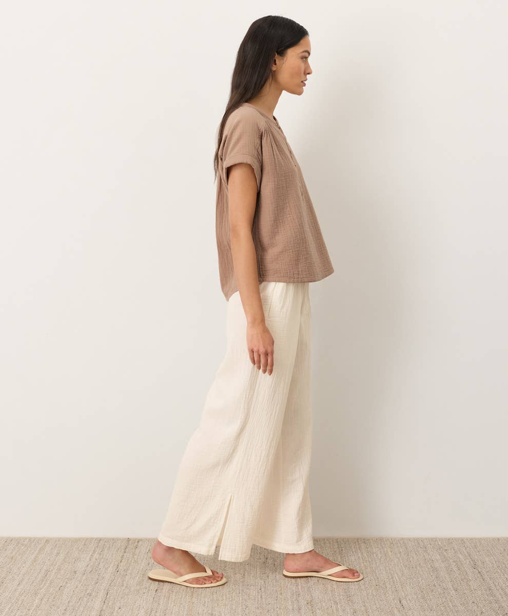 Double Cotton Gauze Side Slit Pant - Cream