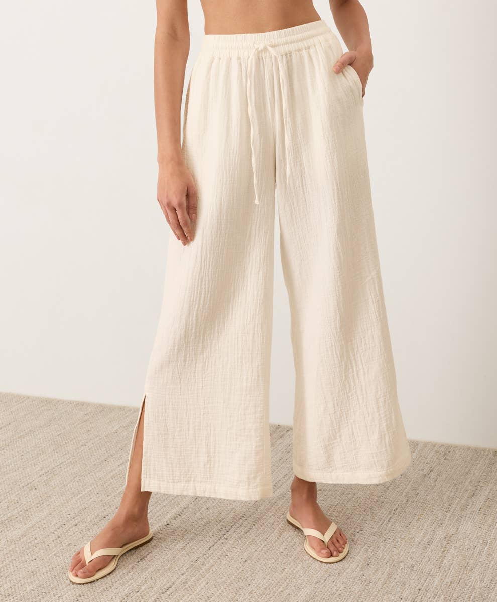 Double Cotton Gauze Side Slit Pant - Cream