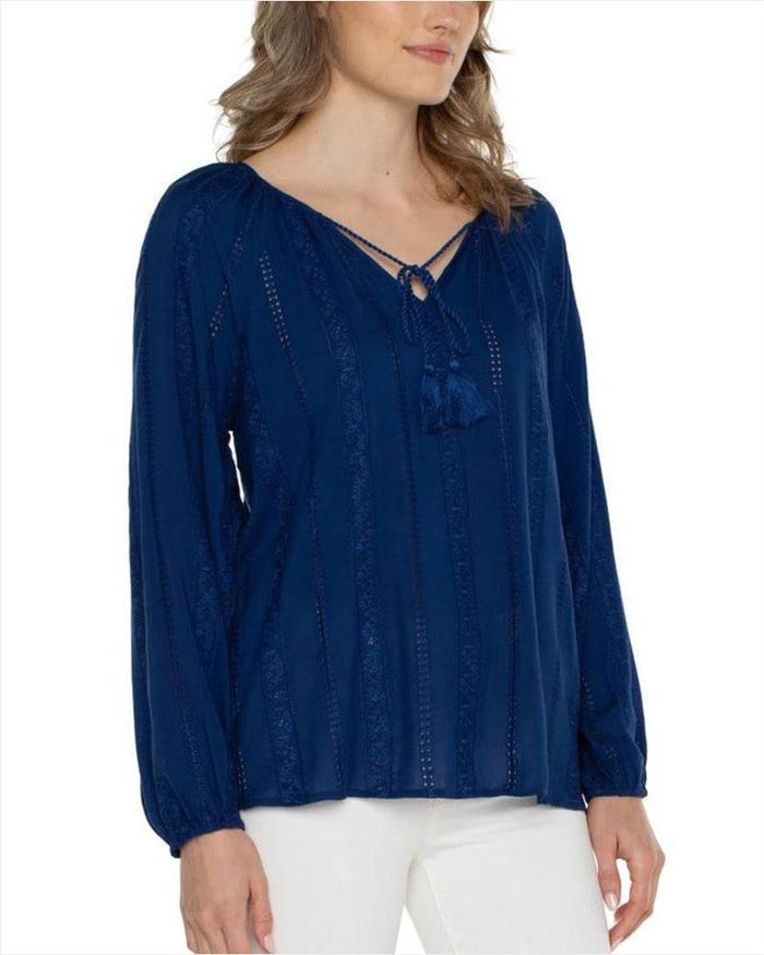 Embroidered Shirred Blouse w Neck Ties in Estate Blue