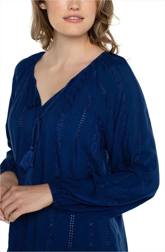 Embroidered Shirred Blouse w Neck Ties in Estate Blue