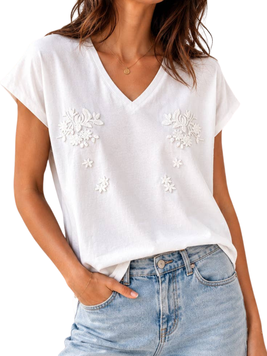 Embroidered Cotton V-Neck Tee - White