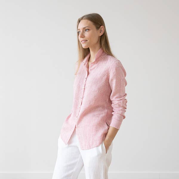 Rosa Linen Button Down Blouse - Pink/Stripe