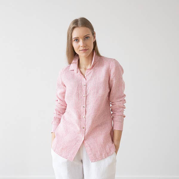 Rosa Linen Button Down Blouse - Pink/Stripe