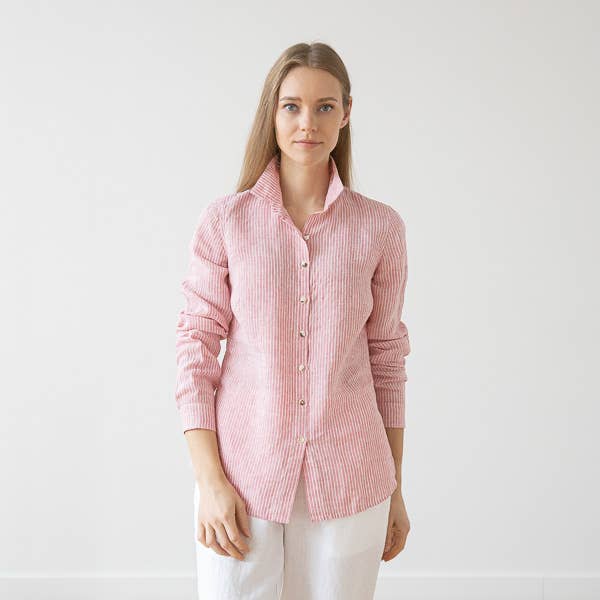 Rosa Linen Button Down Blouse - Pink/Stripe