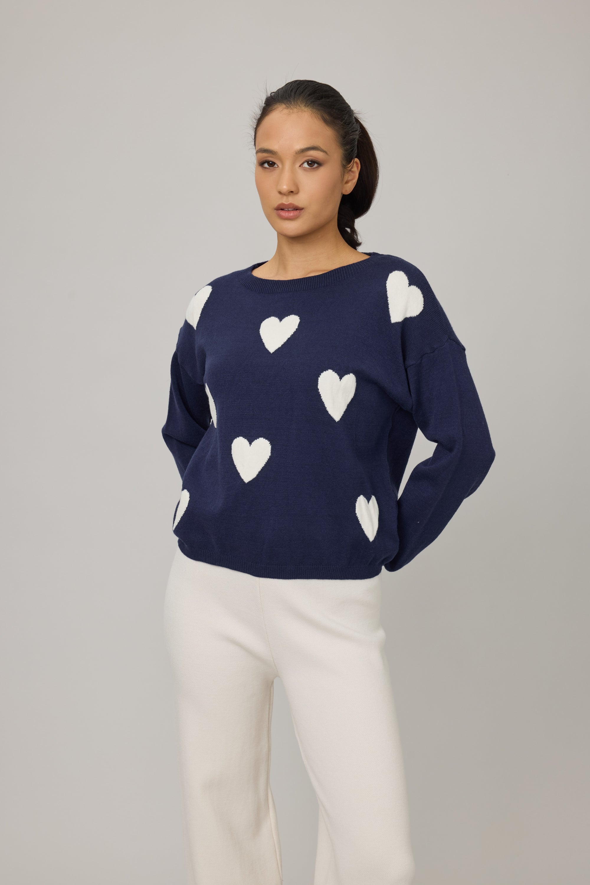 Hailey Viscose Heart Crew - Navy/Crewm