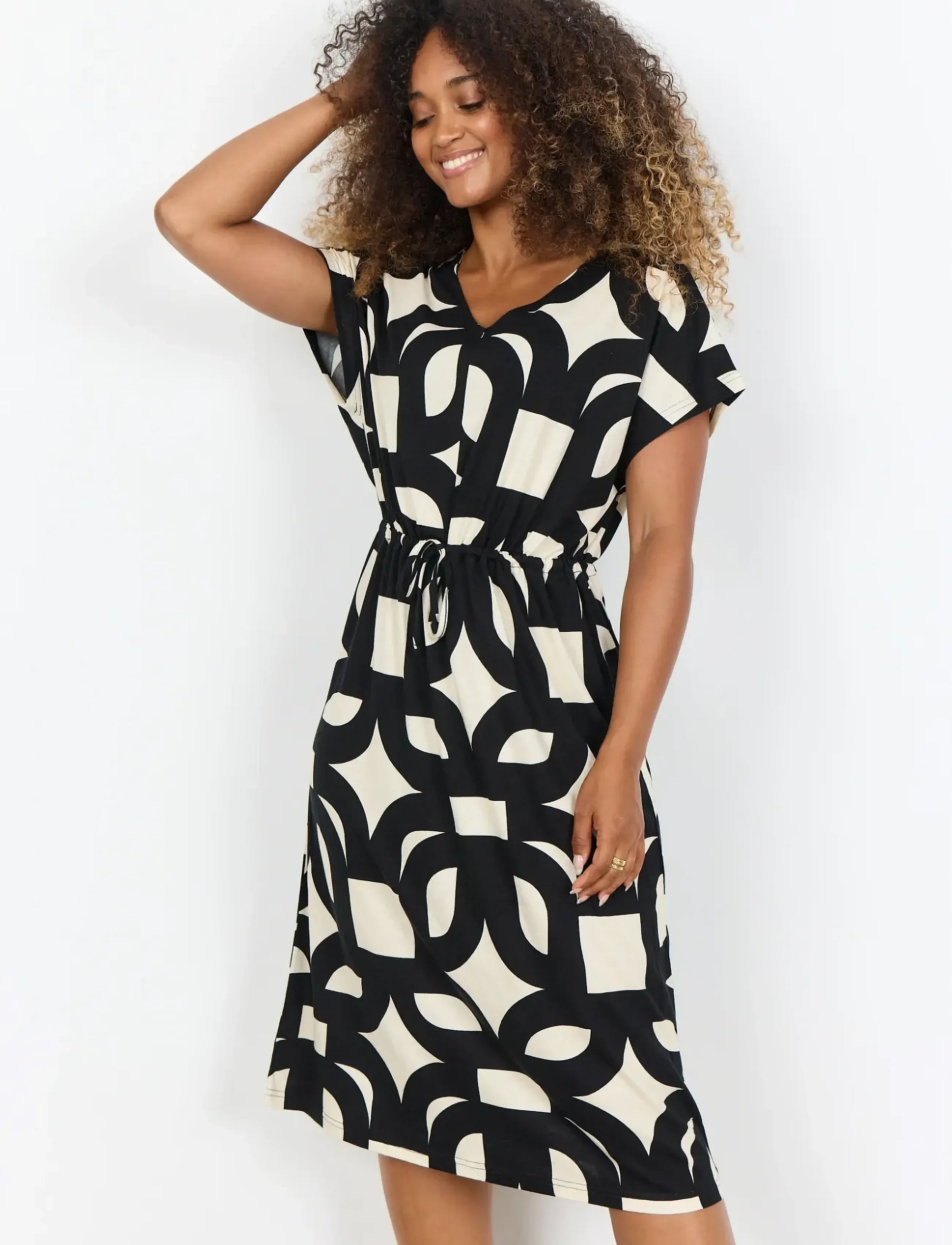 Felicity Viscose Blend Geometric Dress -  Black/Cream