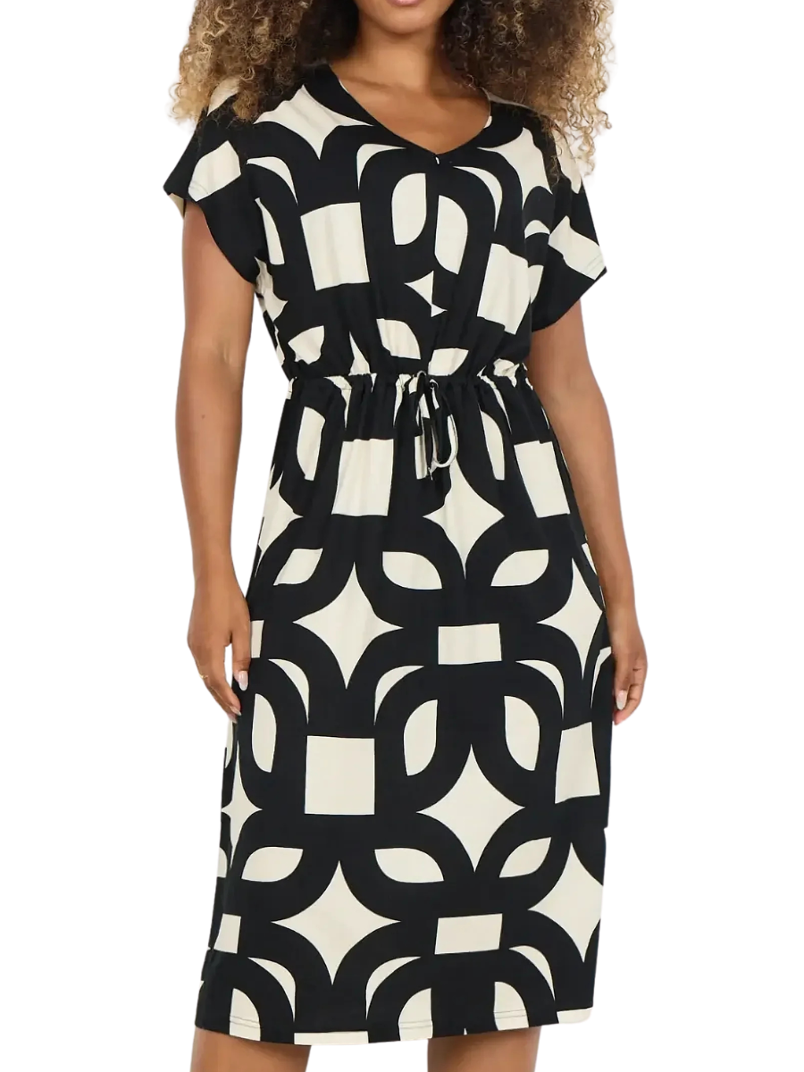 Felicity Viscose Blend Geometric Dress -  Black/Cream