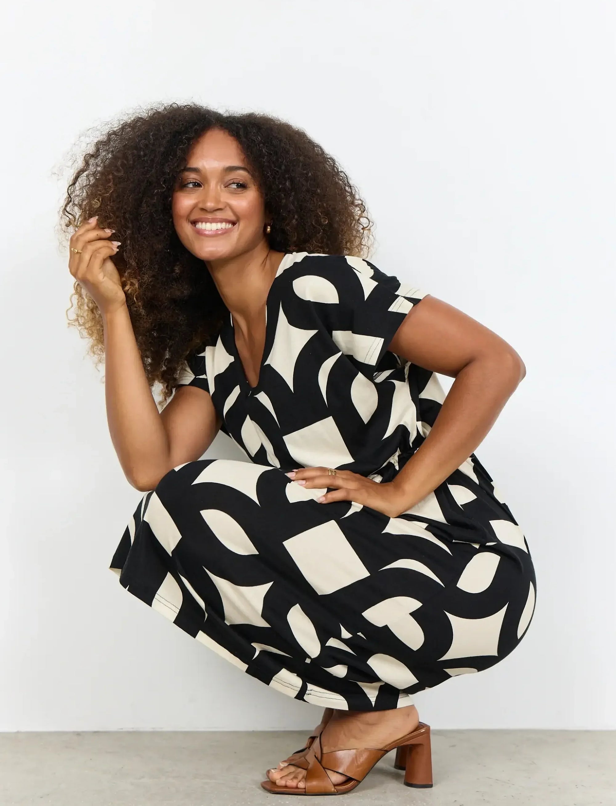 Felicity Viscose Blend Geometric Dress -  Black/Cream