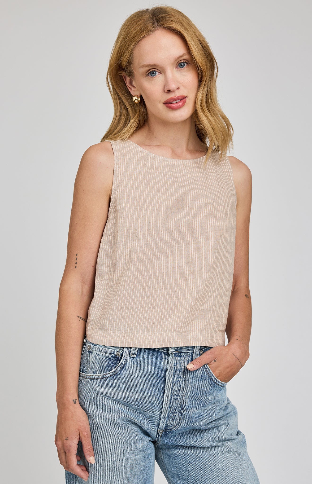 Leanna Linen Blend Tank- Beachwood Stripe