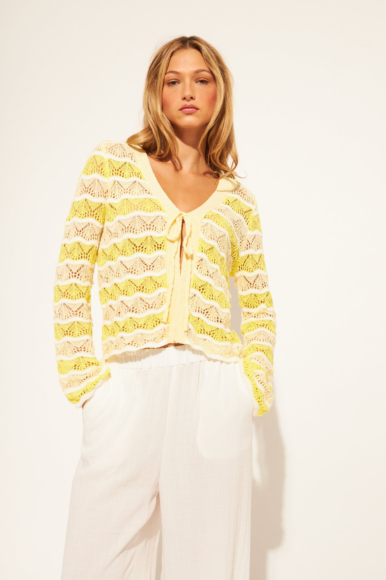 Gianni Tie Front Pointelle Knit - Citronella