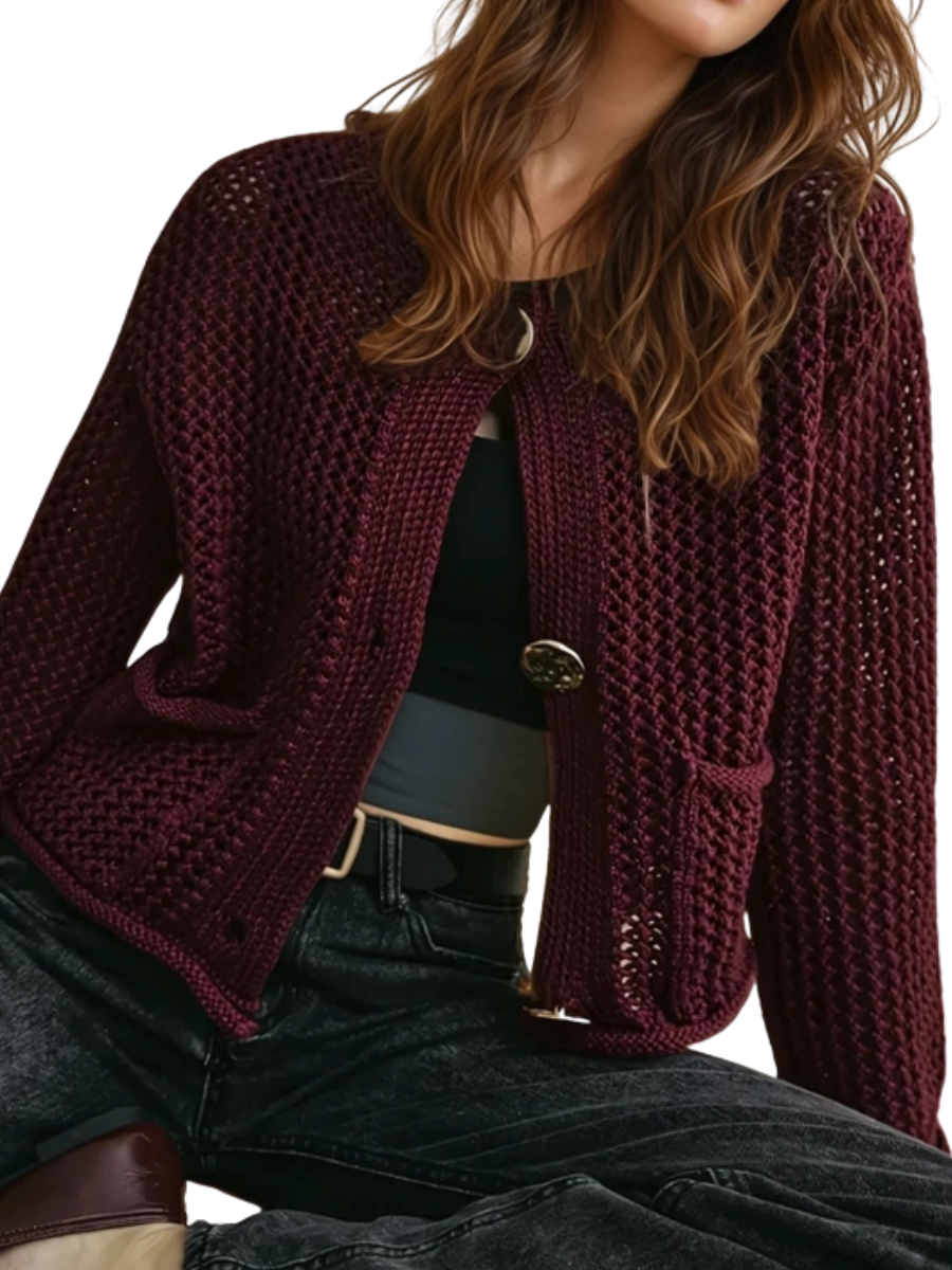 Crochet Gold Button Cardigan - Deep Wine