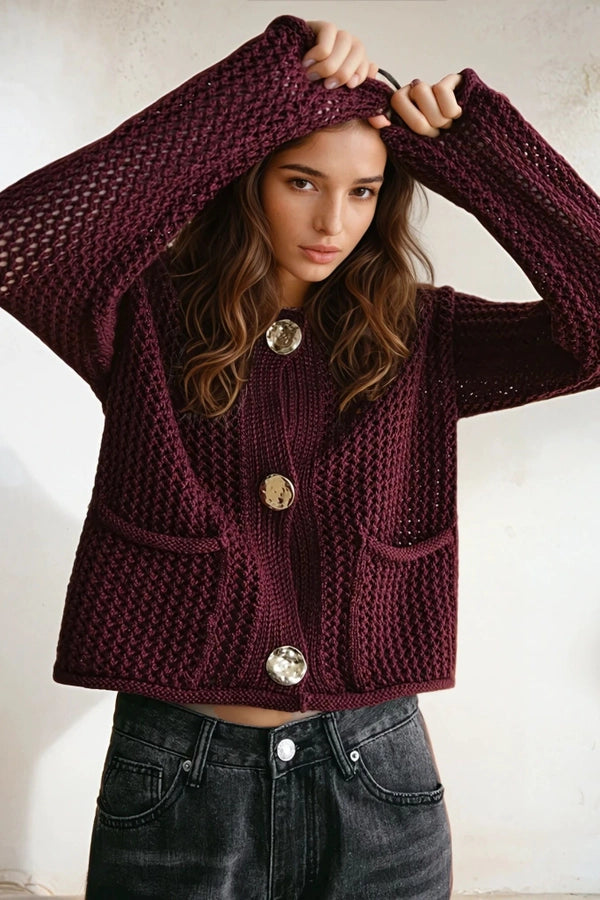 Crochet Gold Button Cardigan - Deep Wine