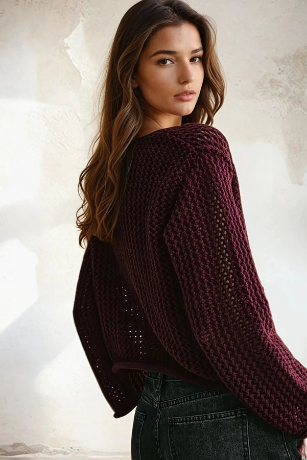 Crochet Gold Button Cardigan - Deep Wine