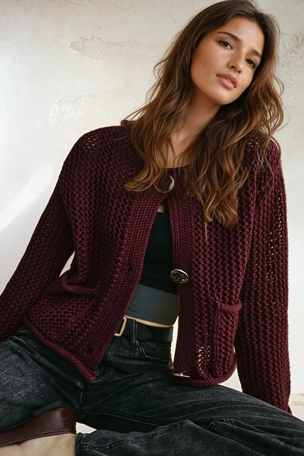 Crochet Gold Button Cardigan - Deep Wine