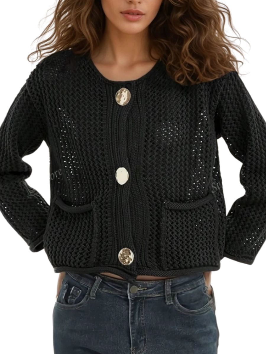 Crochet Gold Button Crochet Cardigan - Rich Black