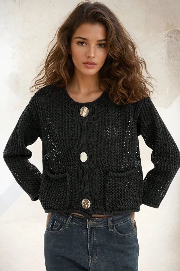 Crochet Gold Button Crochet Cardigan - Rich Black