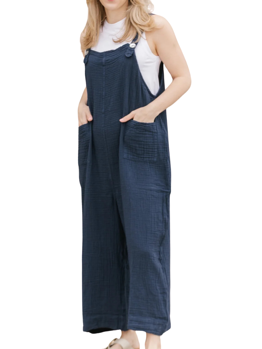 Grace Cotton Guaze Overalls - Navy