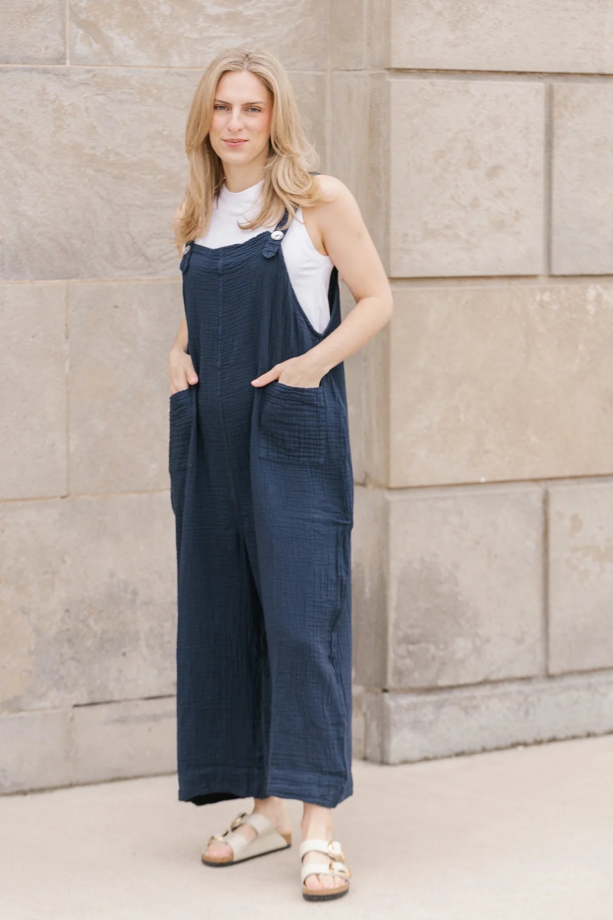 Grace Cotton Guaze Overalls - Navy