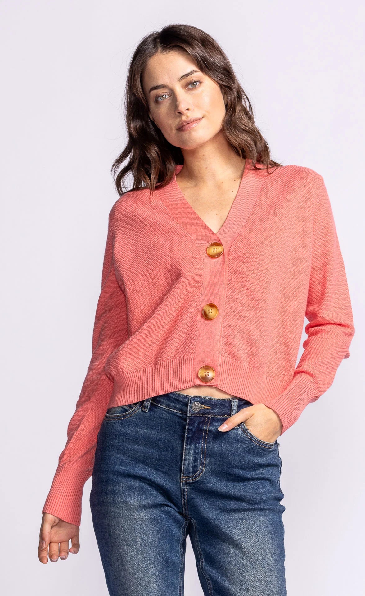 Hampton Button Cardigan in Coral/Pink