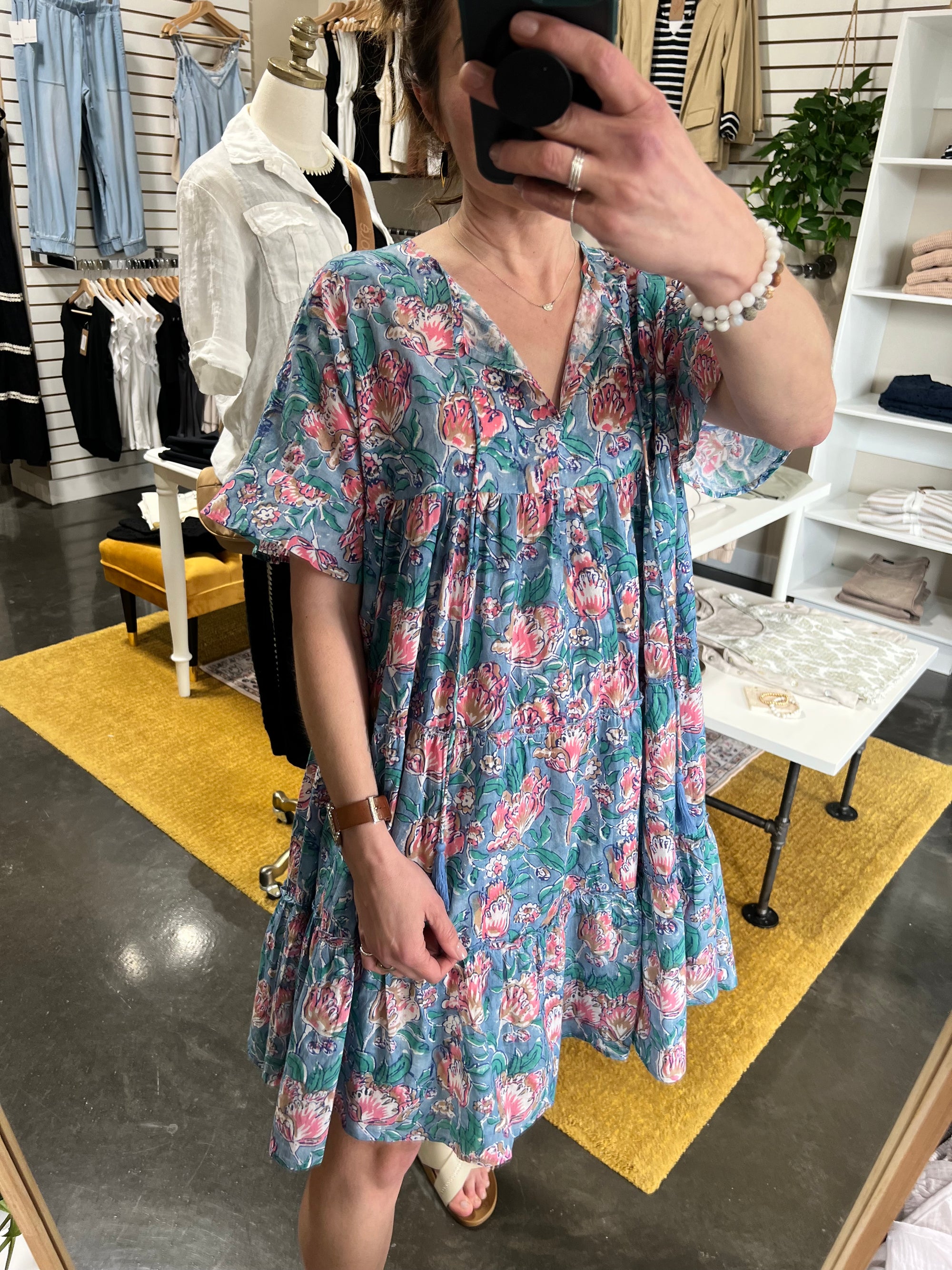 Camellia Floral Mini Dress - Blue/Pink