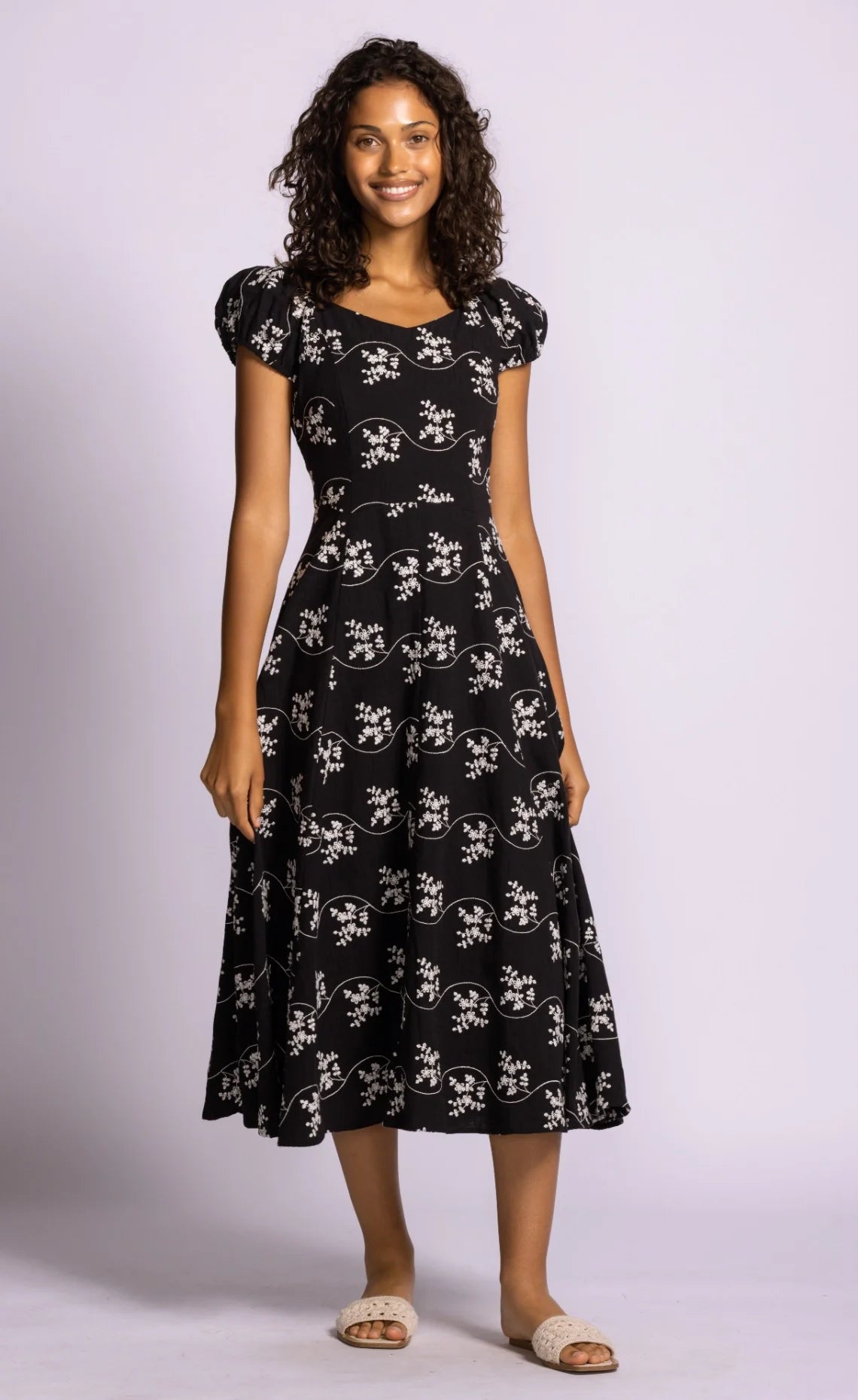 Juno Floral Print Midi Dress- Black