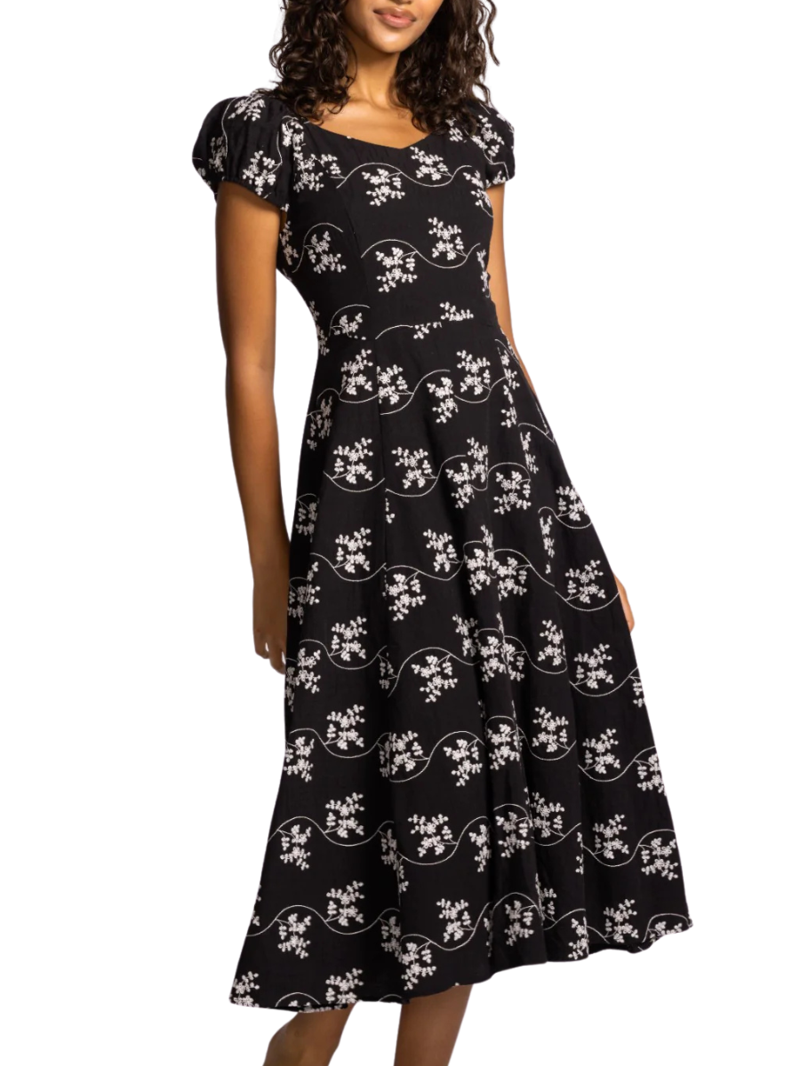 Juno Floral Print Midi Dress- Black