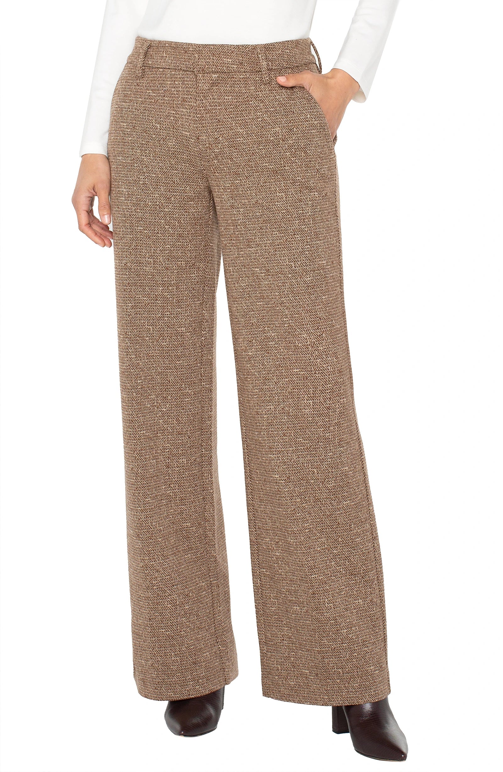 Kelsey Wide Leg Pant - Brown/Camel Herringbone