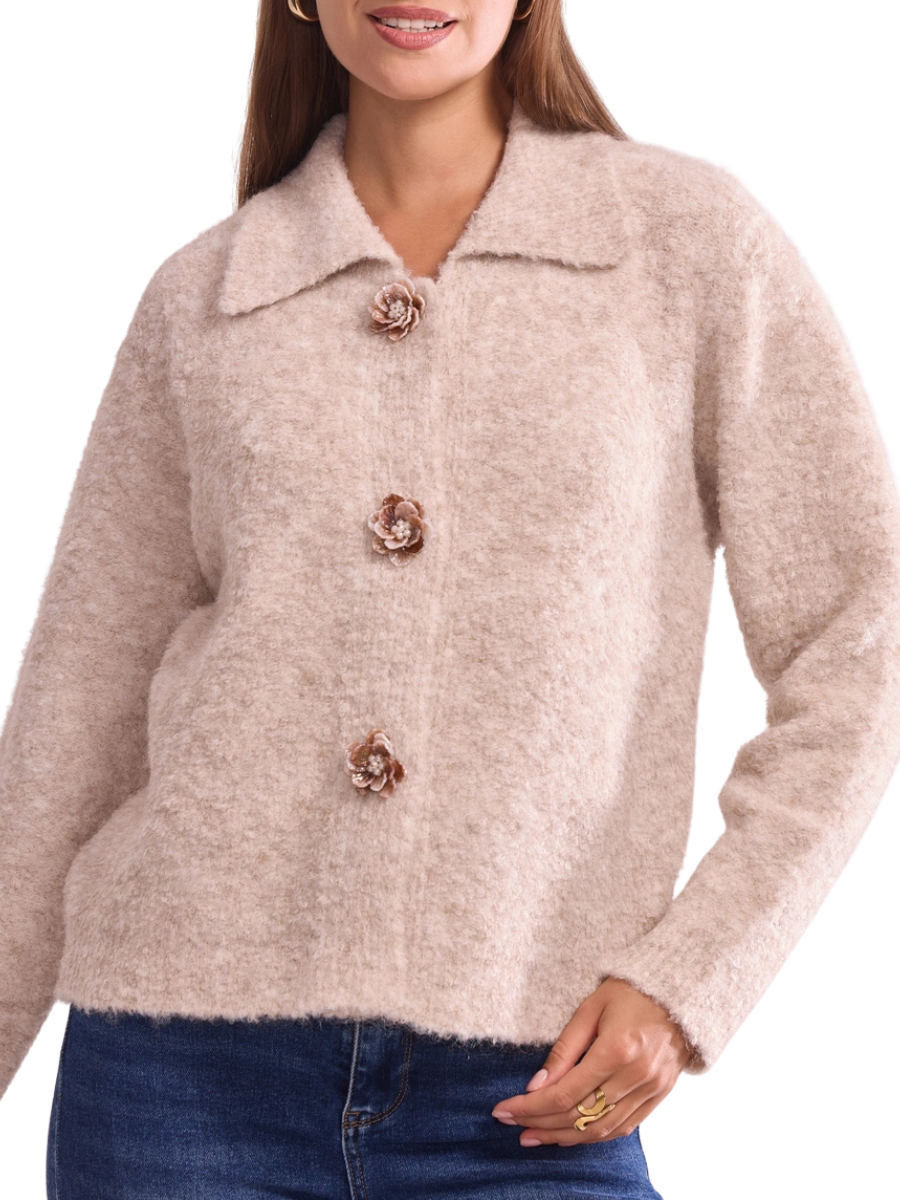 Laurene Floral Button Cardigan - Taupe