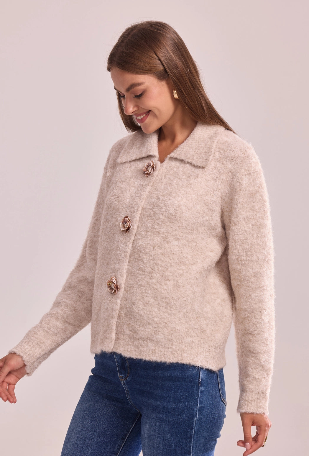 Laurene Floral Button Cardigan - Taupe