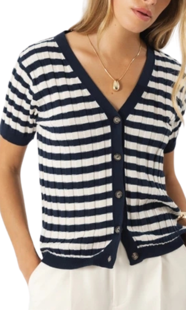 Lightweight Stripe Knit Cardigan - Navy/White
