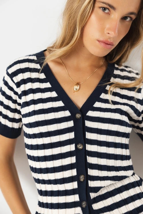 Lightweight Stripe Knit Cardigan - Navy/White