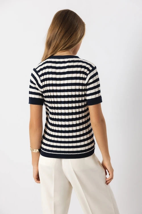 Lightweight Stripe Knit Cardigan - Navy/White