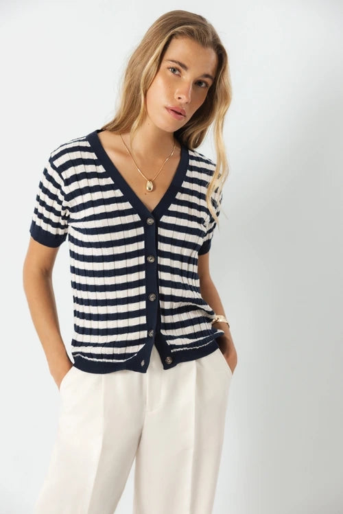 Lightweight Stripe Knit Cardigan - Navy/White