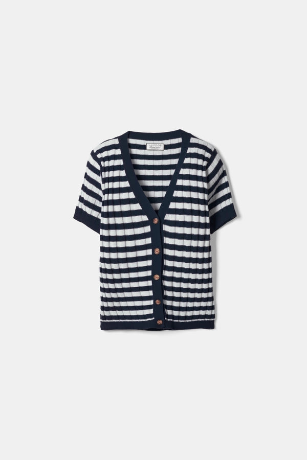 Lightweight Stripe Knit Cardigan - Navy/White