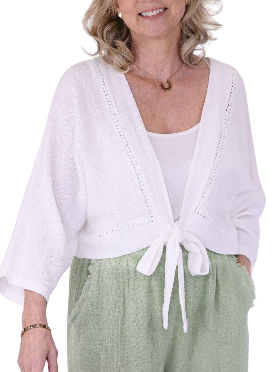 Linen Blend Tie Front Top - White