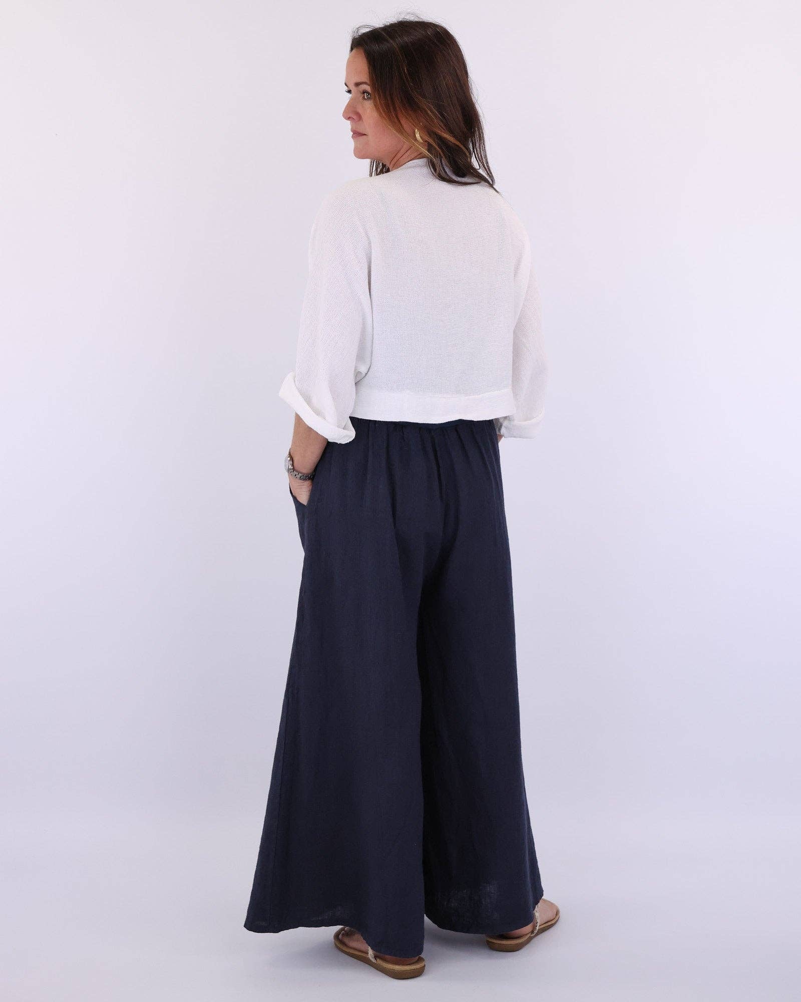 Linen Blend Tie Front Top - White