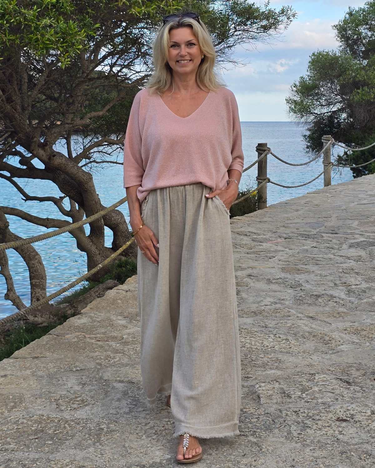 Linen/Cotton Blend Wide Leg Trouser - Sage