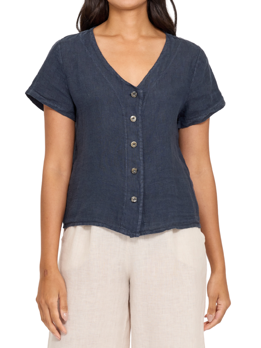 Linen Cap Sleeve Button Blouse - Midnight Navy