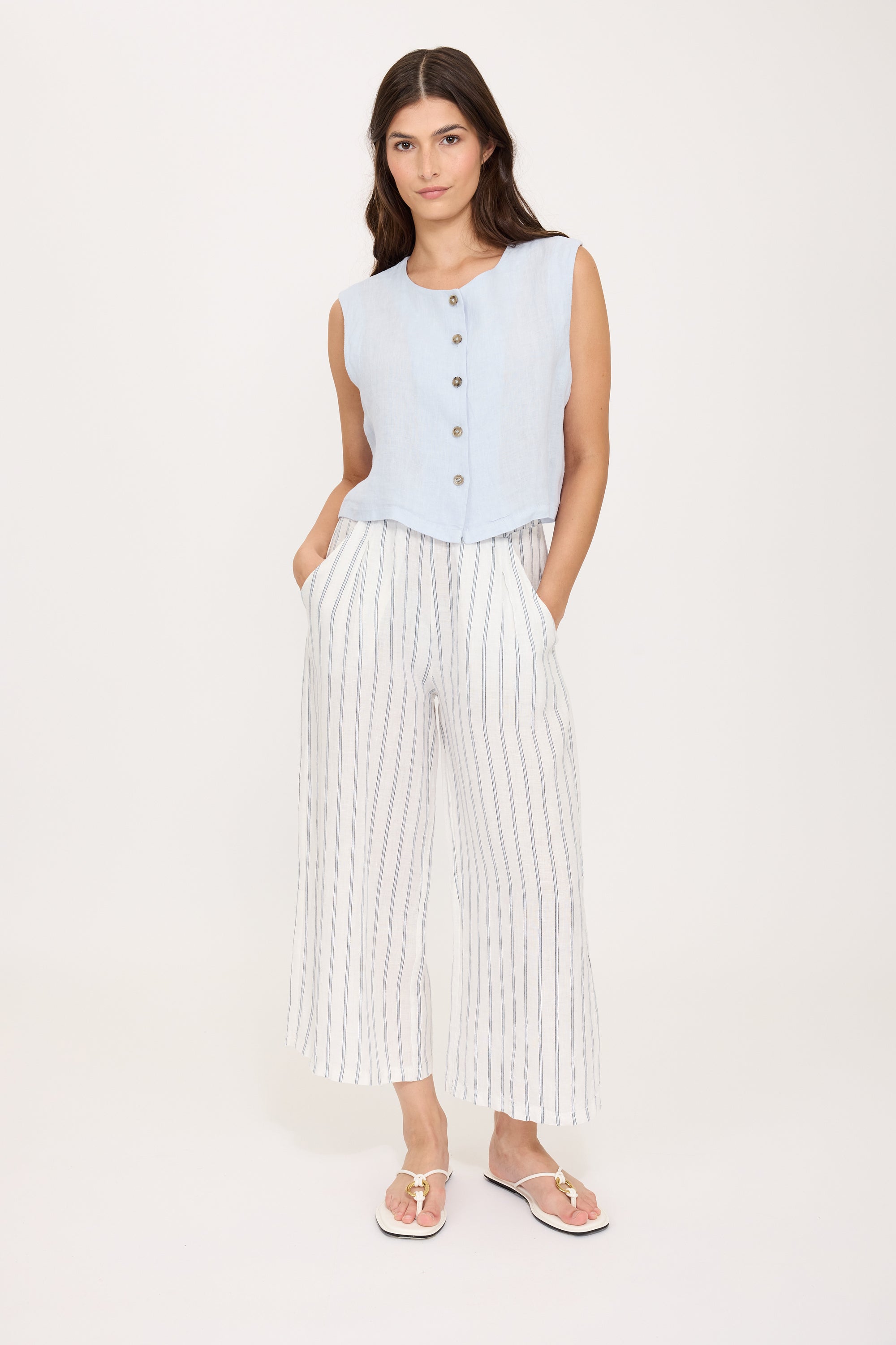 Linen Boxy Button Vest - Cloud Blue