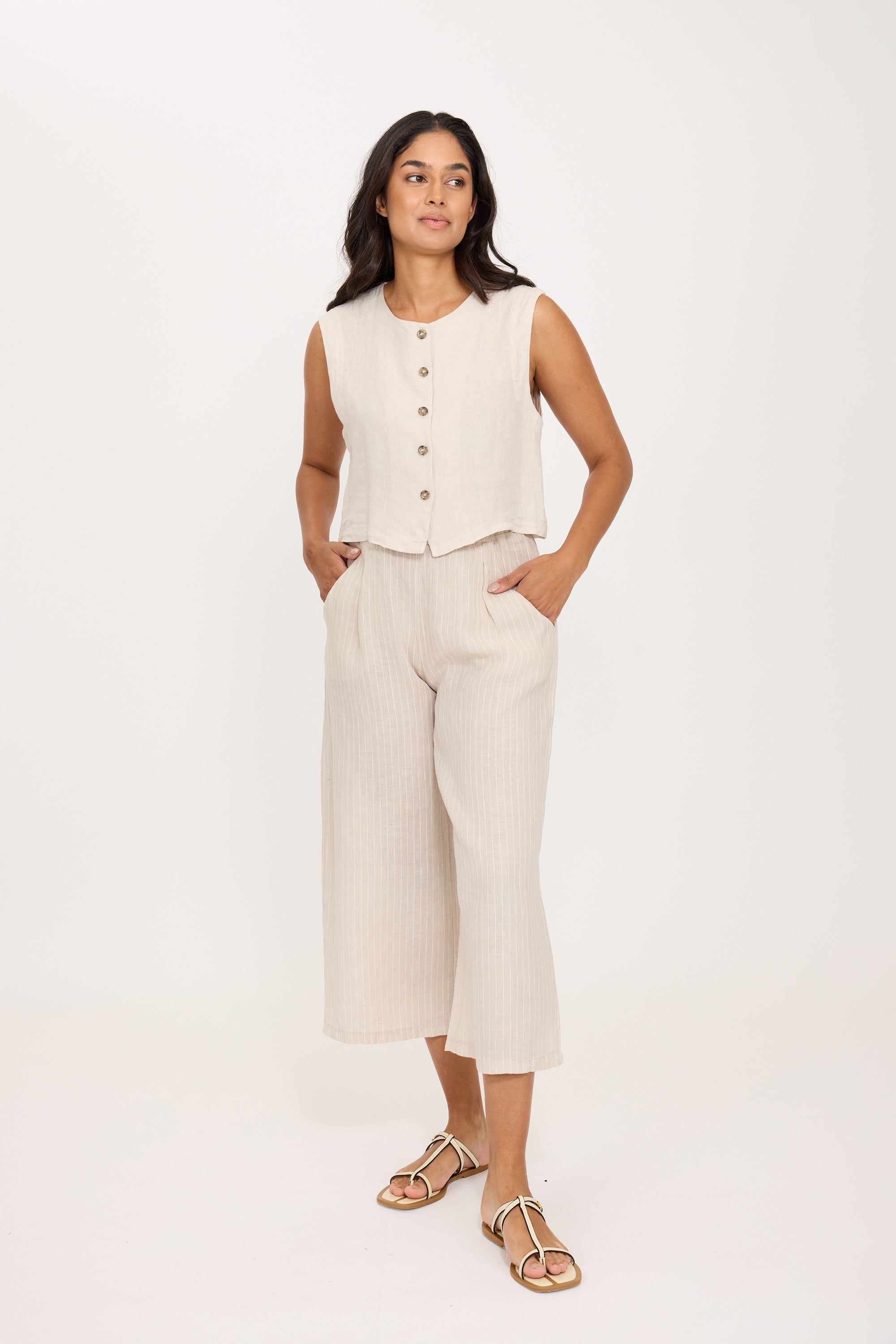 Linen Boxy Button Vest -  Buff Beige