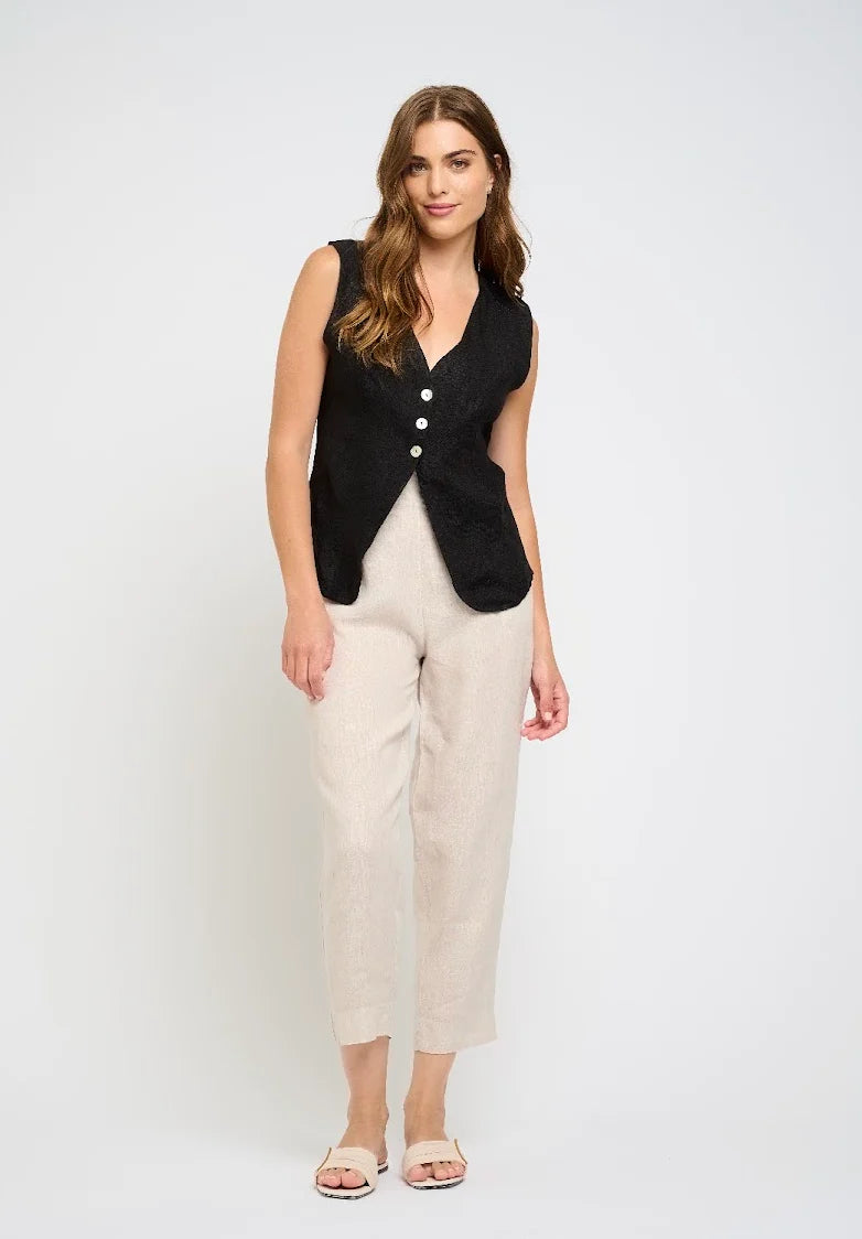 Linen Open Bottom Button Vest - Black