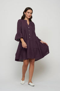 Ruffle Sleeve Tiered Linen Dress in Violet