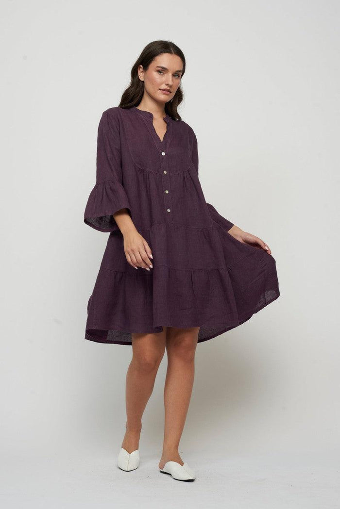 Ruffle Sleeve Tiered Linen Dress in Violet