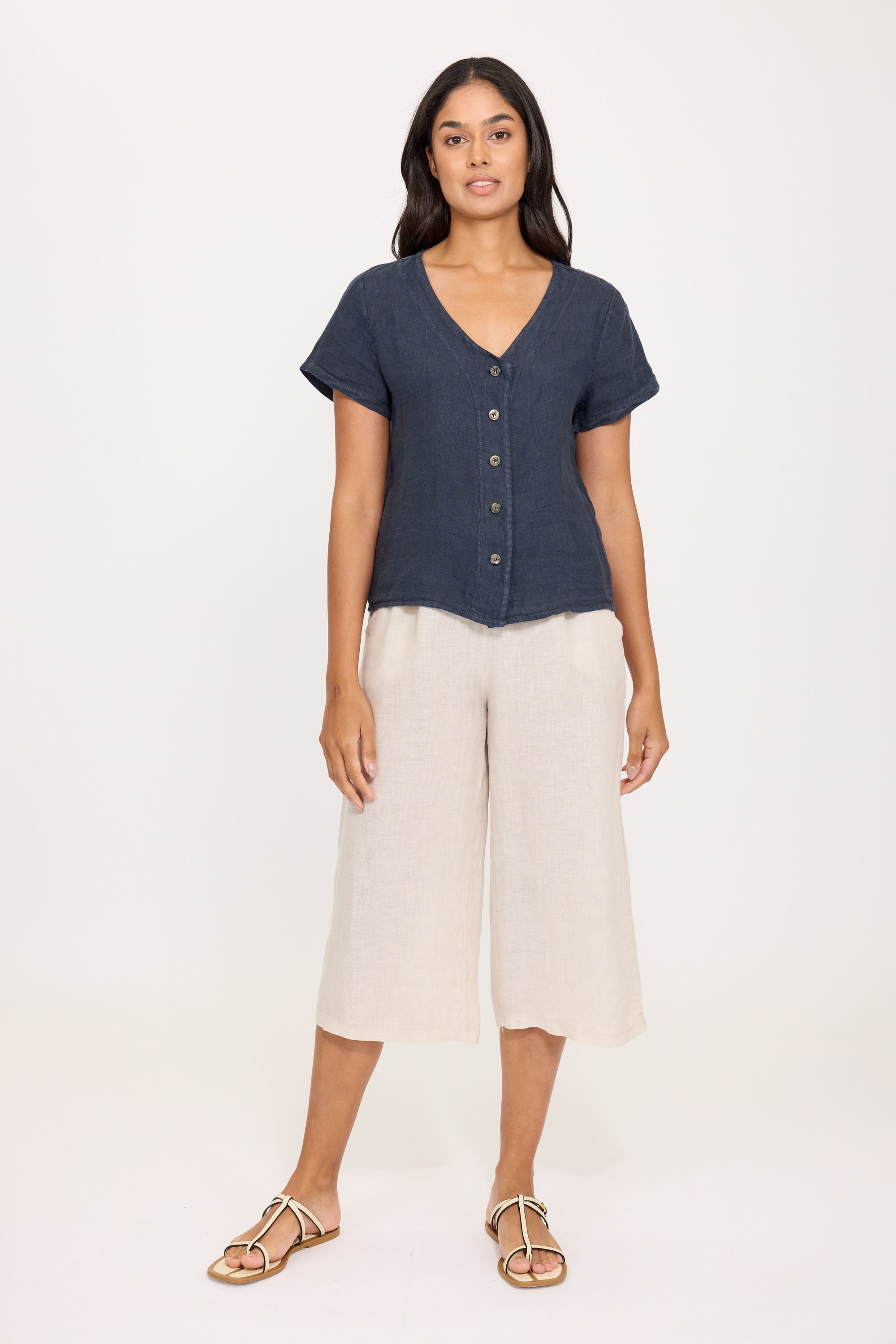 Linen Cap Sleeve Button Blouse - Midnight Navy
