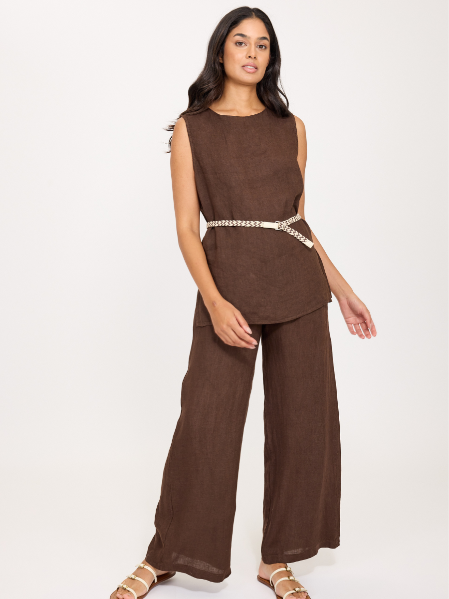 Linen Wide Leg Pant - Coffee