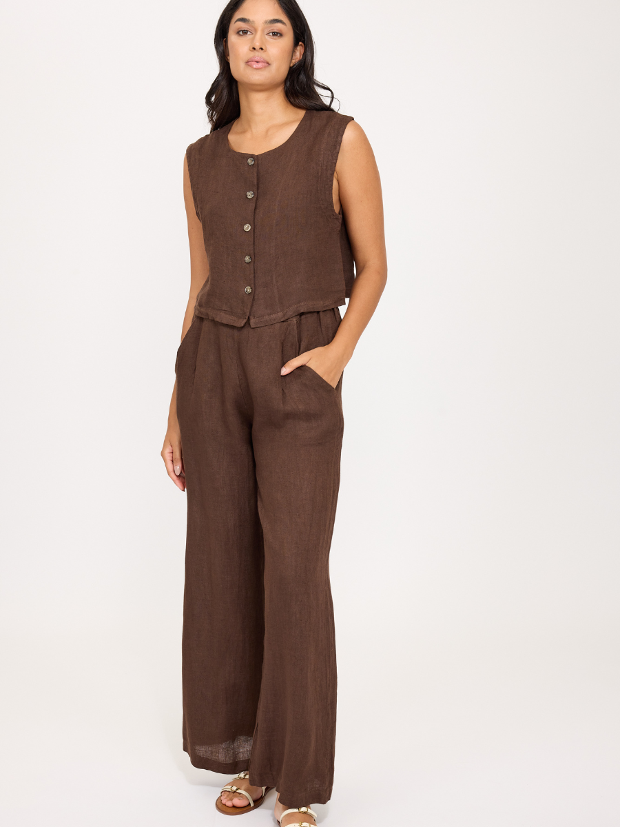 Linen Wide Leg Pant - Coffee